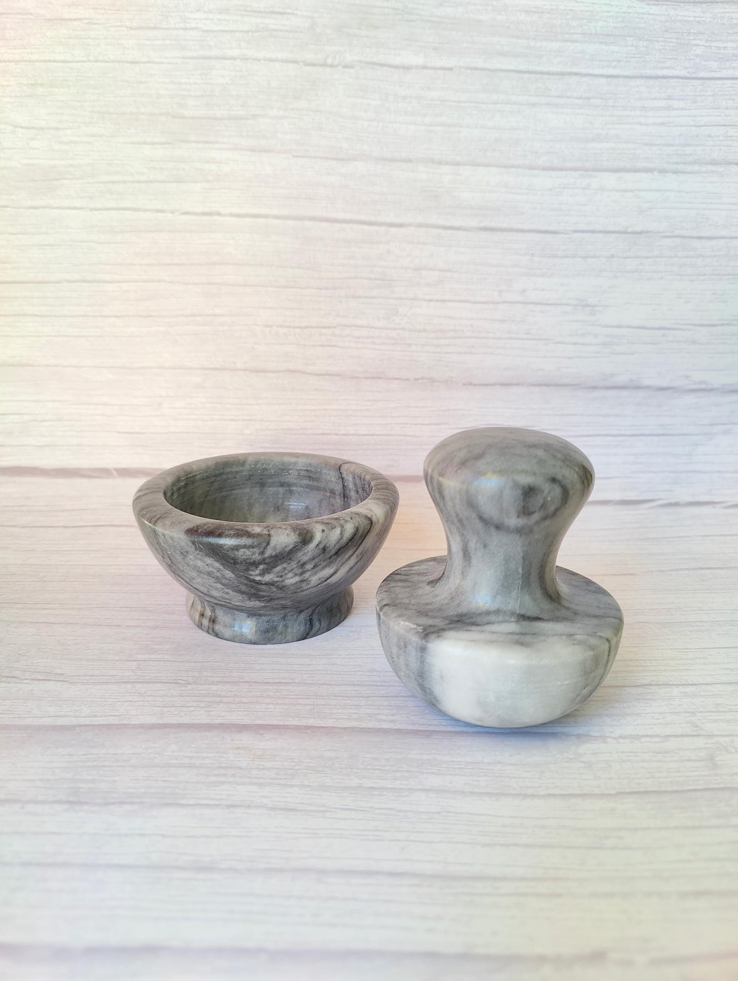 Solid Dark Grey and White Marble Mushroom Pestle & Mortar
