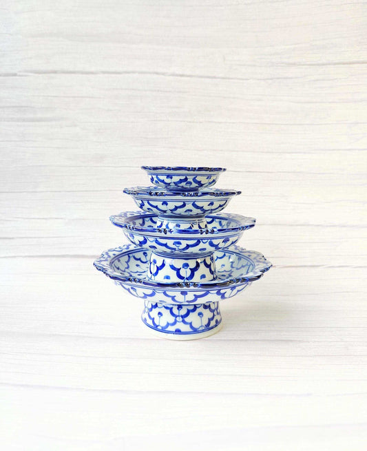 Antique Asian Blue & White Porcelain Hand Painted Set of Four Nesting Pedestal Dishes