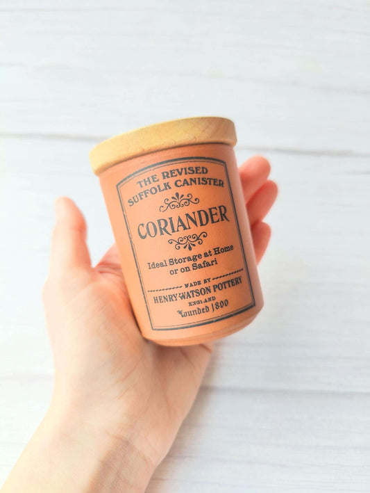 Vintage Henry Watson 'The Revised Suffolk Canister' Coriander Terracotta Spice Jar Pot