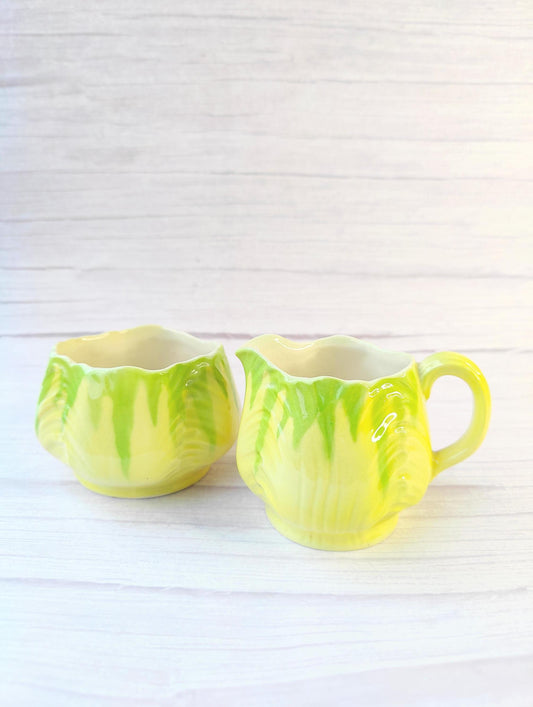 Vintage Vulcan Ware 1940s Yellow & Green Creamer and Sugar Bowl Set