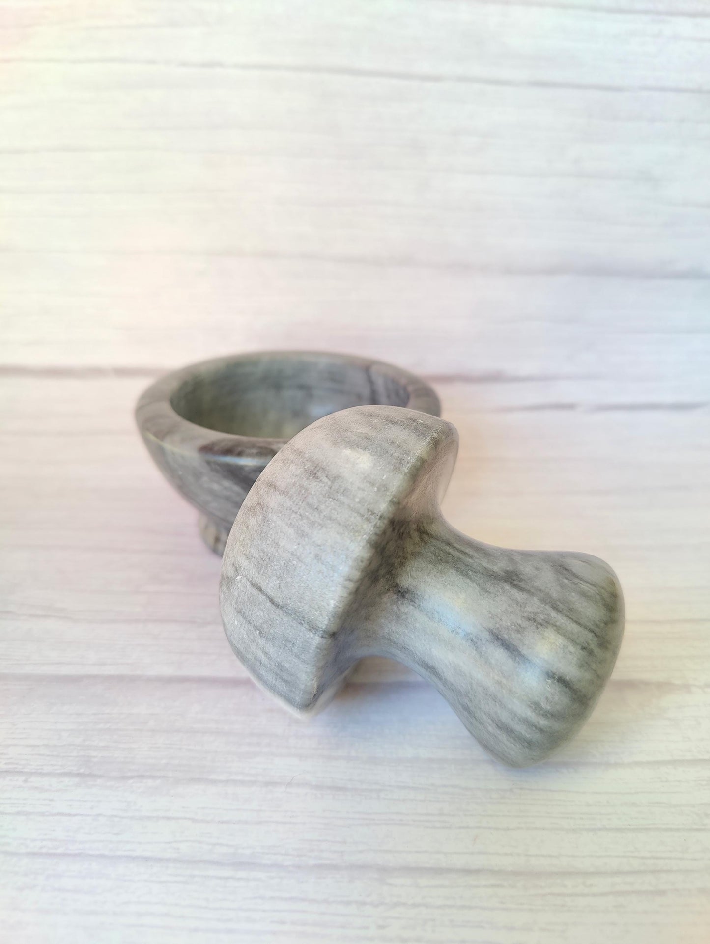 Solid Dark Grey and White Marble Mushroom Pestle & Mortar
