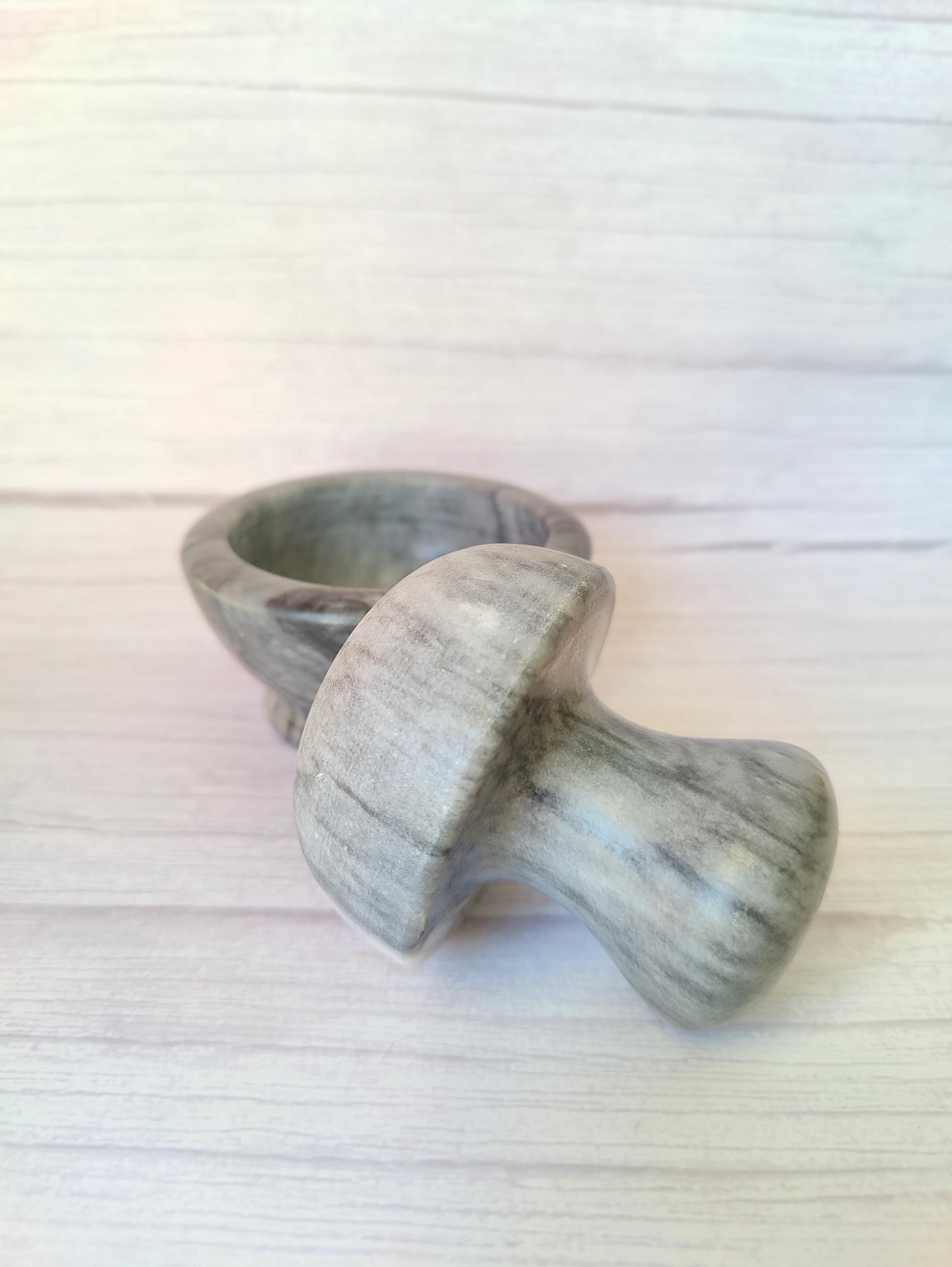Solid Dark Grey and White Marble Mushroom Pestle & Mortar