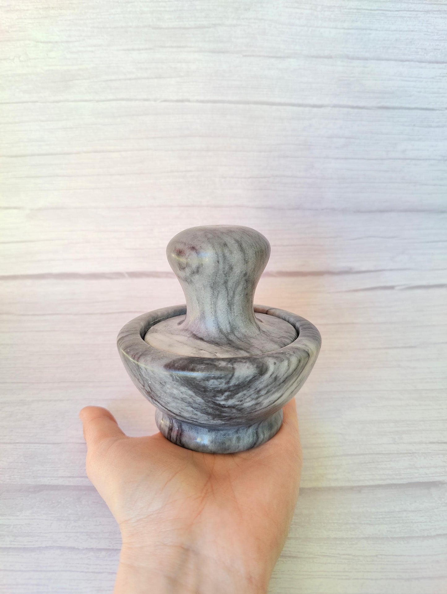 Solid Dark Grey and White Marble Mushroom Pestle & Mortar