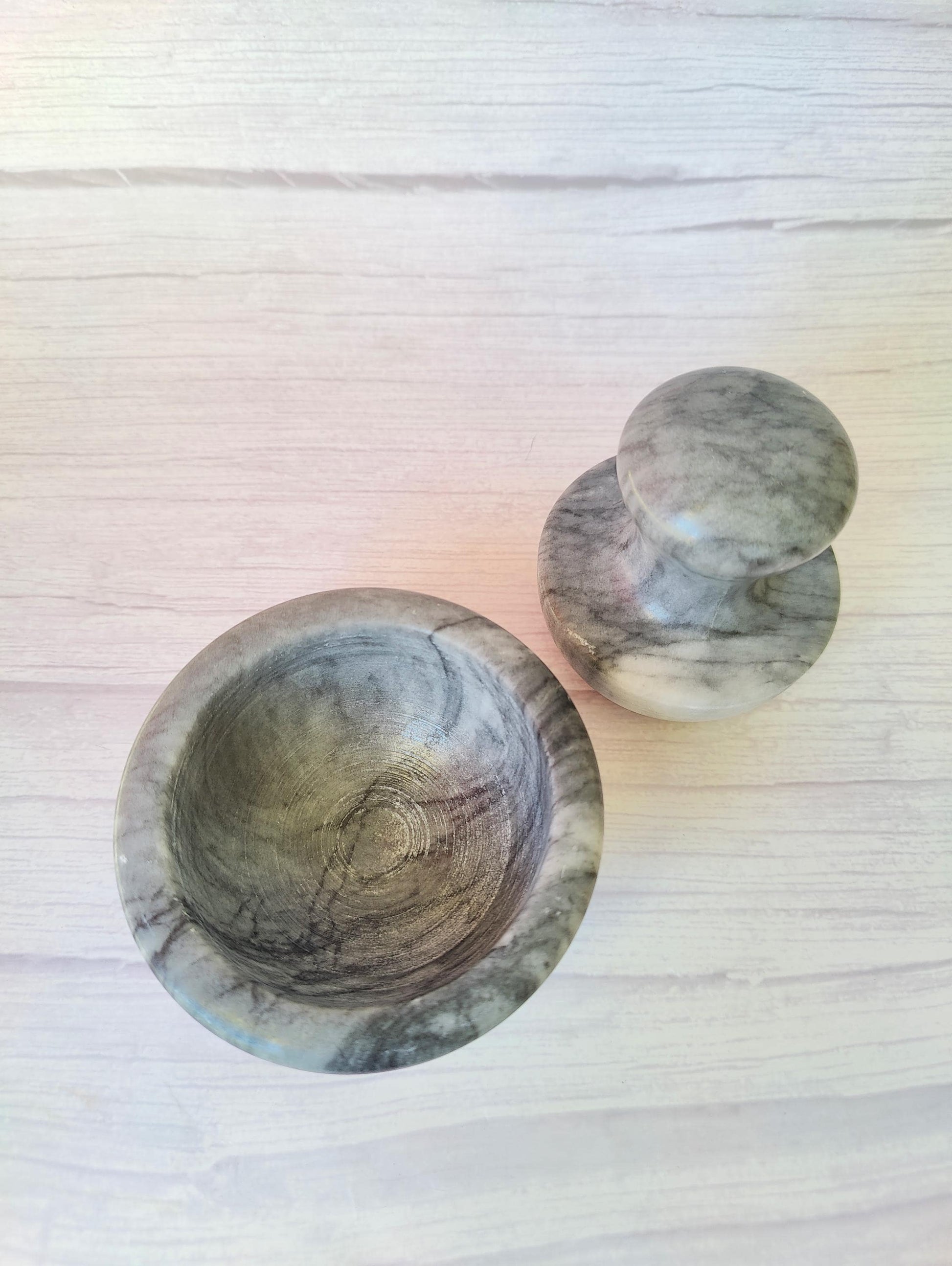 Solid Dark Grey and White Marble Mushroom Pestle & Mortar