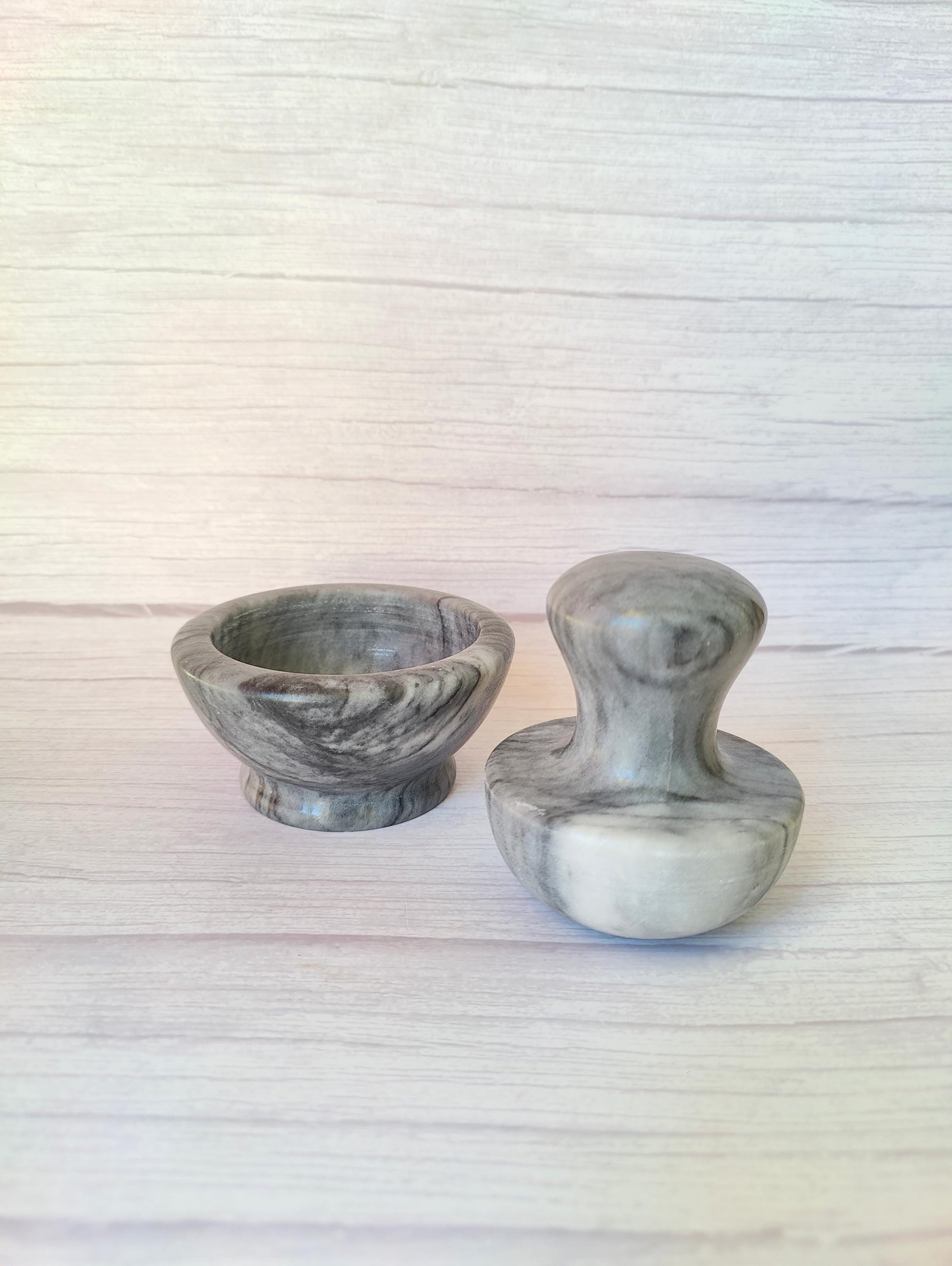 Solid Dark Grey and White Marble Mushroom Pestle & Mortar